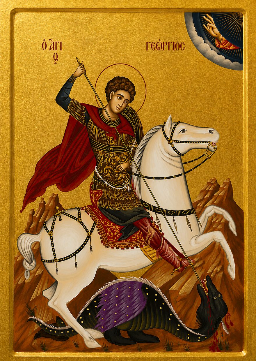 Icon of Saint George on a white horse, spear through the dragon.
