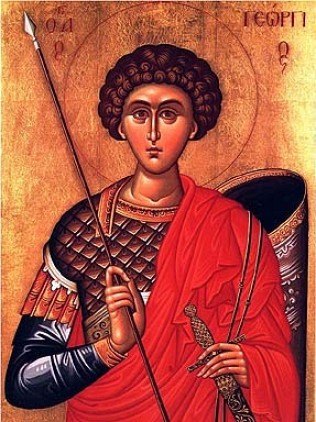 Icon of Saint George in red, holding a spear.